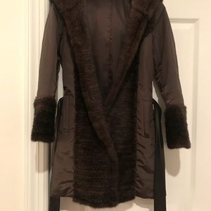 Maximillian Mink Fur Trim Coat with leather belt